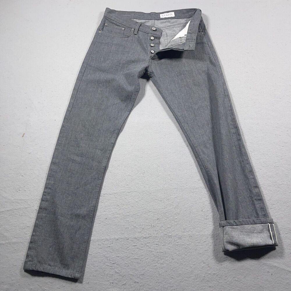 Gustin Selvedge Denim Jeans Men 34x32 Straight Leg Button Fly Raw Denim Gray